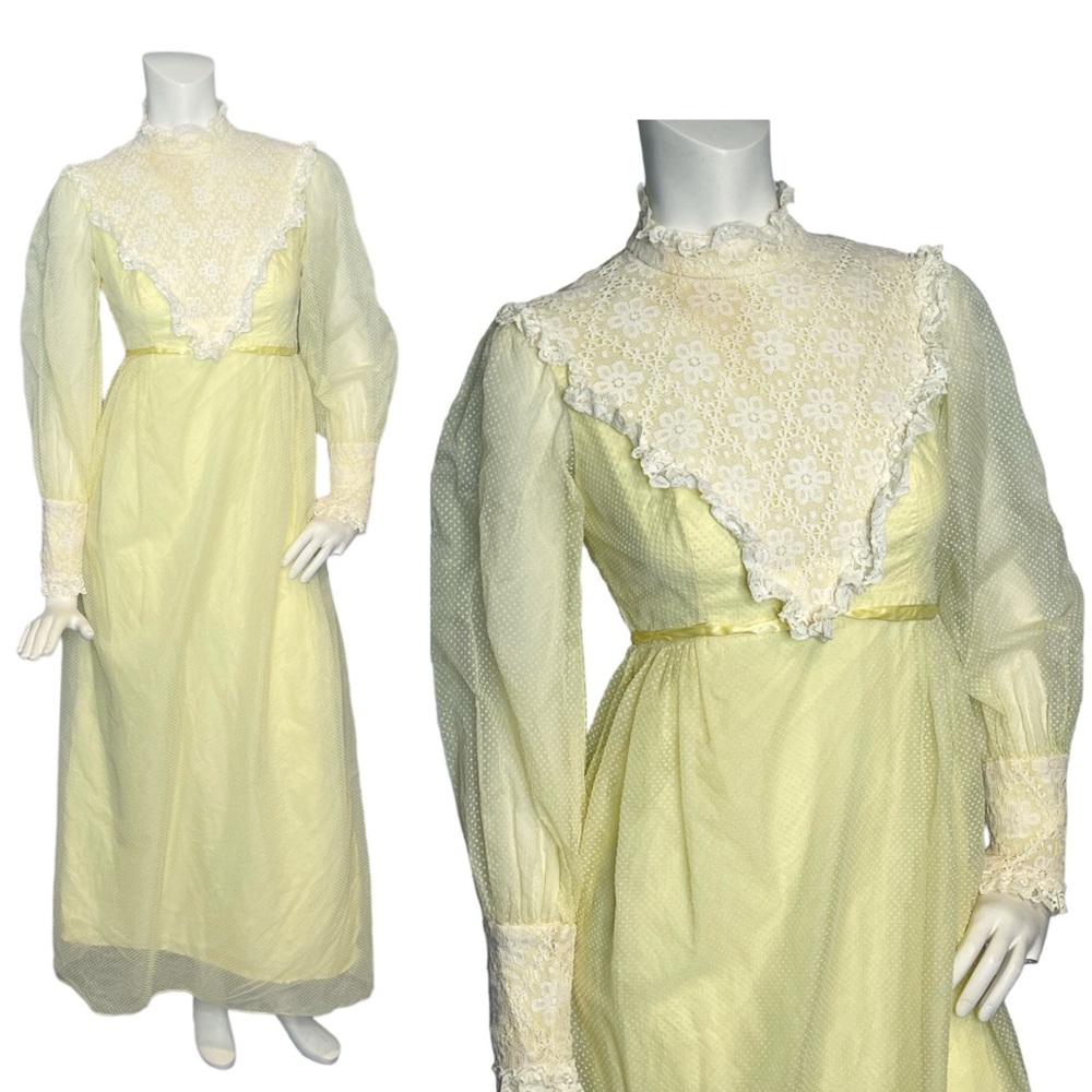 Vintage 70s Yellow Swiss Dot Lace High Neck Sheer Long Sleeve Dress Edwardian